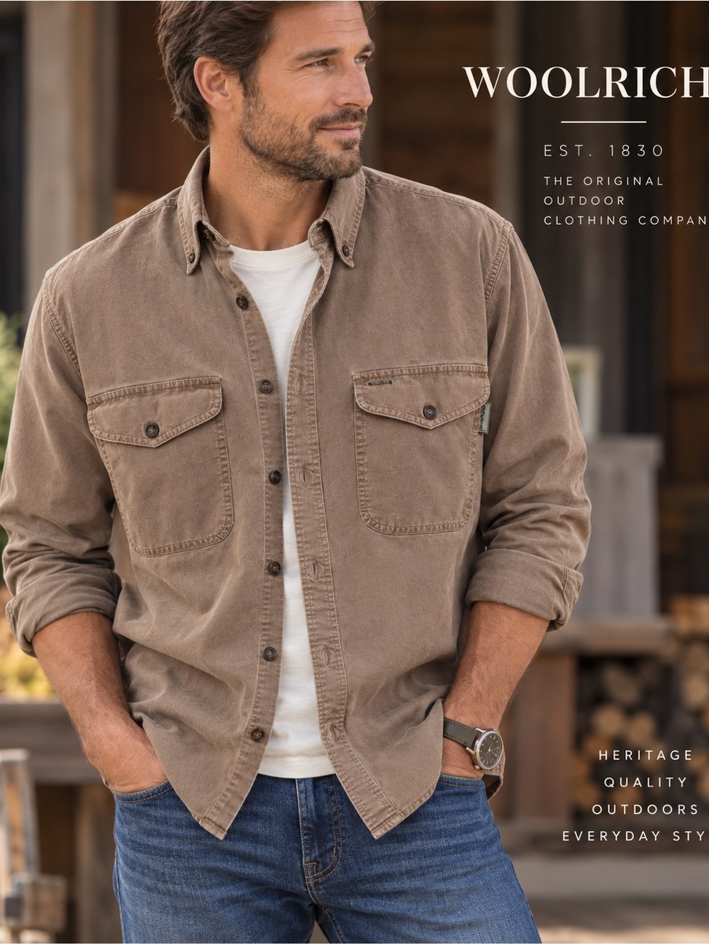 Woolrich Men’s Tan Cotton Utility Shirt Jacket